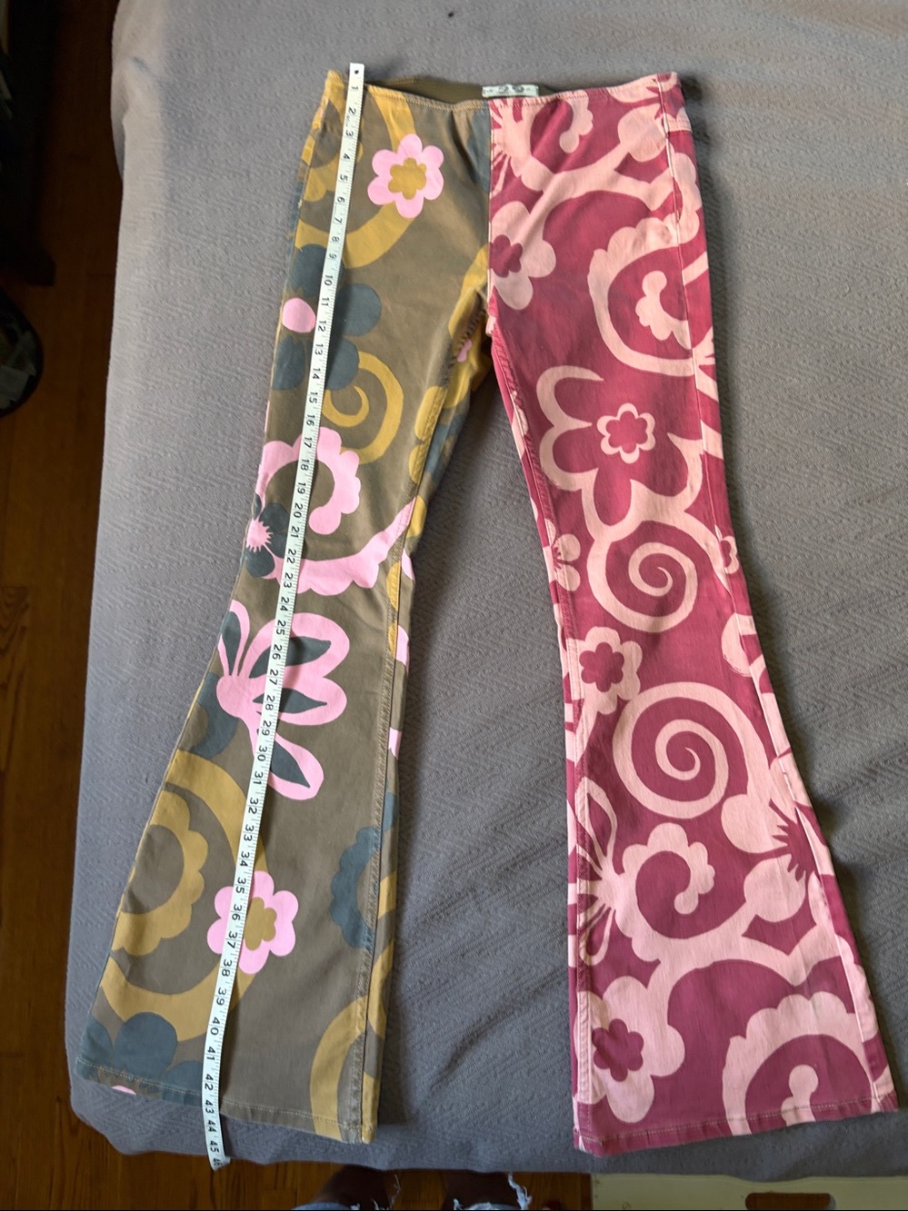 We The Free Floral Print Two-Tone Bell Bottom Pants in Pink and Olive